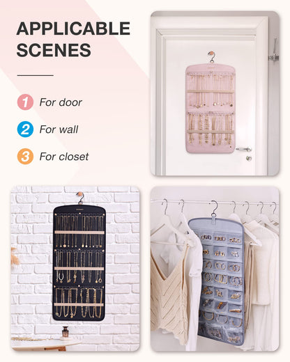 BAGSMART Hanging Jewelry Organizer, Necklace Holder Anti-tangle Earrings Rings Hanger with 20 Jewelry Bags Travel Storage Roll with Pockets Hang on Closet, Wall, Door,1 Piece, Large, Black