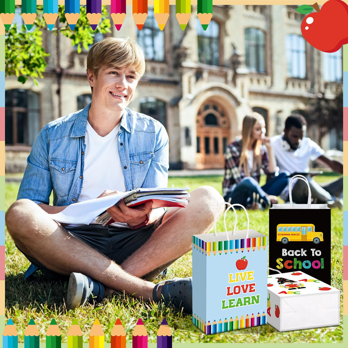 Kolldenn 24 Pcs Welcome Back to School Gift Goodie Bags with Handles First Day of School Party Favors Bags Paper Book Pencil Bus Gnome Candy Treat Pouch for Classroom Party Decorations Supplies