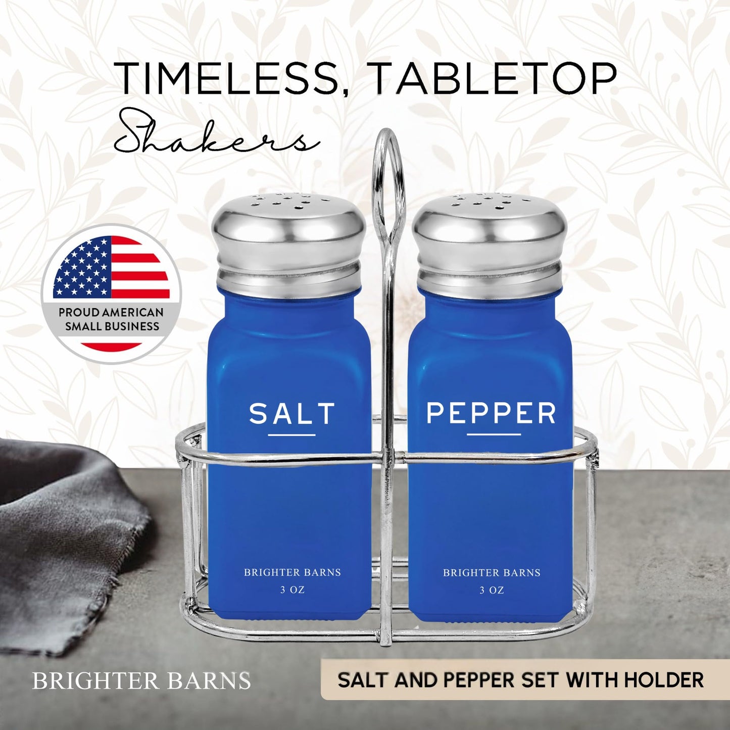 Blue Salt and Pepper Shakers Set with Holder by Brighter Barns - Glass Salt Shaker with Caddy - Modern Kitchen Decor, Dining Table Decor, Cute Kitchen Accessories for Restaurants, Dining Room (Blue)