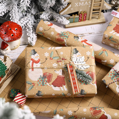 WRAPAHOLIC Kraft Christmas Wrapping Paper - Mini Roll - 17 Inch x 33 Feet - Snowman and Christmas Dog Wrapping Paper for Holiday, Party Celebration