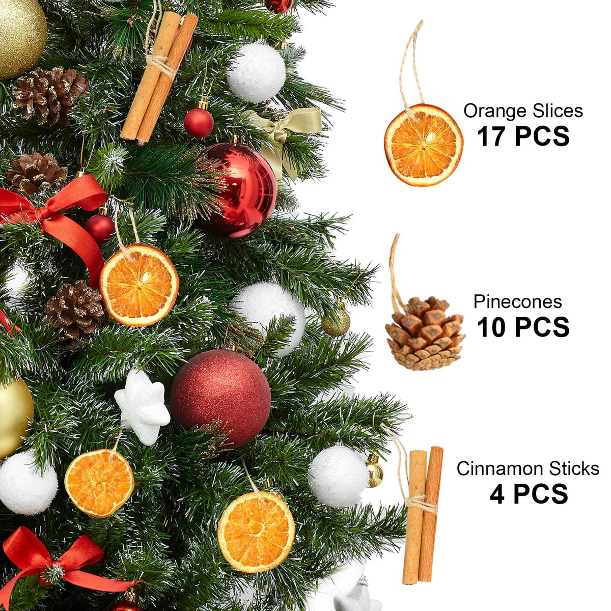 31 Pcs Christmas Ornaments Set, Natural Dried Orange Slices, Cinnamon Sticks and Pinecones, Pre-Tied Jute for Xmas Tree Hanging Decor, Rustic Holiday DIY Crafts