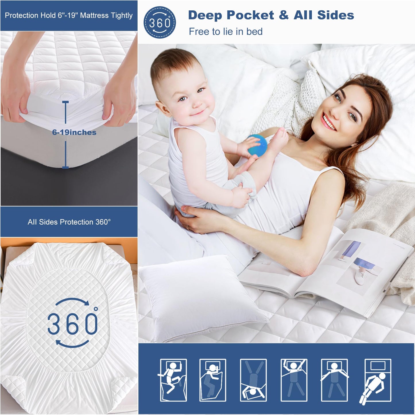 GRT Waterproof Mattress Pad Full, 100% Waterproof Quilted Fitted Mattress Protector, Noiseless Hollow Cotton Mattress Cover, Fitted 8"-19" Deep, Dust Proof