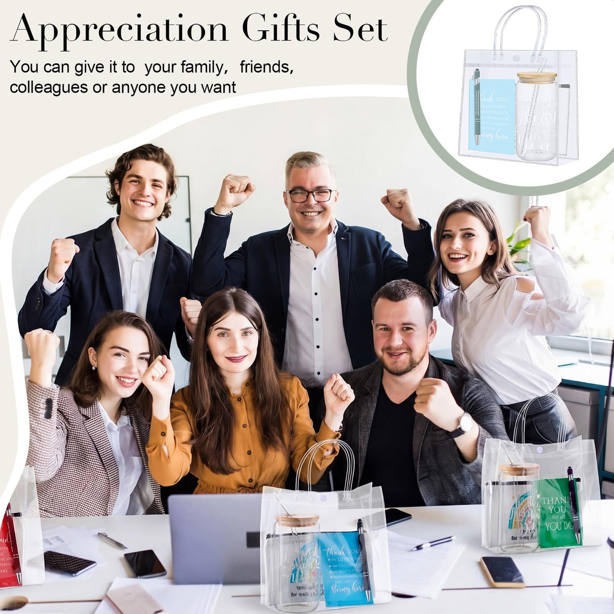 Purpeak 10 Sets 50 Pcs Employee Appreciation Gifts Bulk 16 oz Thank You Glass Cup Inspirational Cosmetic Bag Notepads Pens PVC Bag for Administrative Professionals Day Ot Month Coworker Teacher Nurse