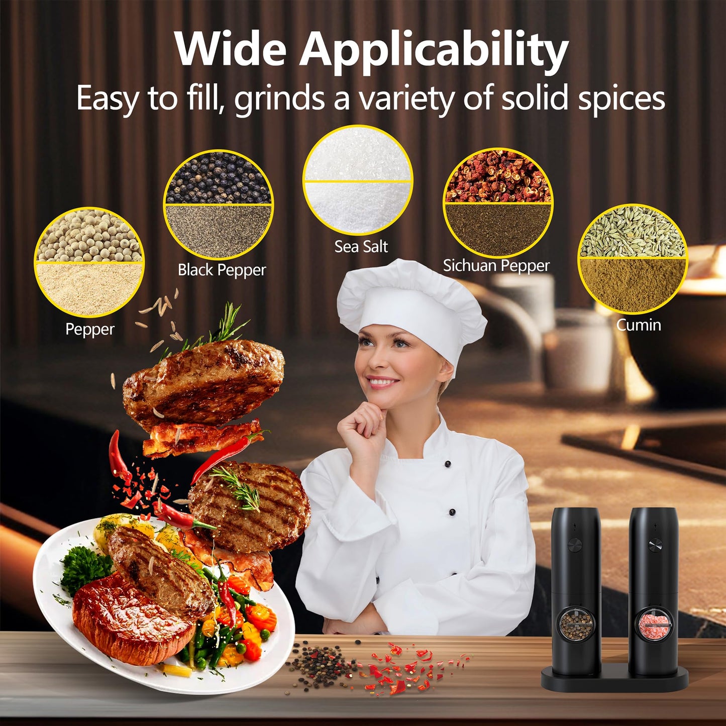 Electric Salt and Pepper Grinder Set, Rechargeable Pepper Grinder with Charger Tray, USB Cable, One Hand Operation, Adjustable Coarseness with Ceramic Grinder (Set of 2,Black)