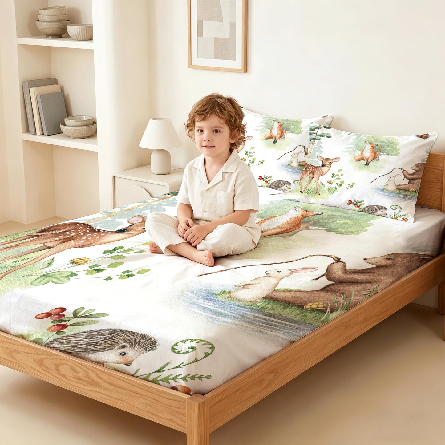 VTKON Wildlife Fitted Sheet Set Twin Size for Kids Light Green Sheet Set for Boys Girls Bedroom Animal Sheet Soft Microfiber 3-Piece Sheet Set 1 Fitted Sheet+1 Flat Sheet+1 Pillowcase Bedding Set