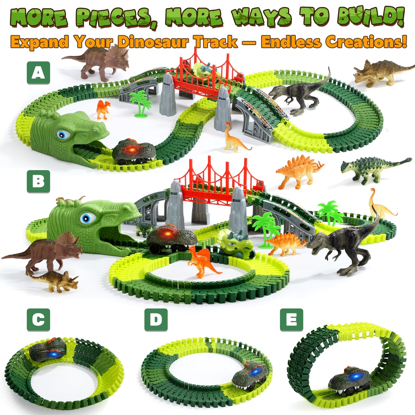 EagleStone Dinosaur Track Set for Kids – 225 PCS Flexible Race Tracks,1 Electric Dino Cars with Light, 8 Dino Figures, Dinosaur Head Tunnel,Christmas Birthday Gift for 3-8 Year Old Boys and Girls