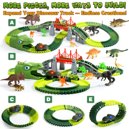 EagleStone Dinosaur Track Set for Kids – 225 PCS Flexible Race Tracks,1 Electric Dino Cars with Light, 8 Dino Figures, Dinosaur Head Tunnel,Christmas Birthday Gift for 3-8 Year Old Boys and Girls