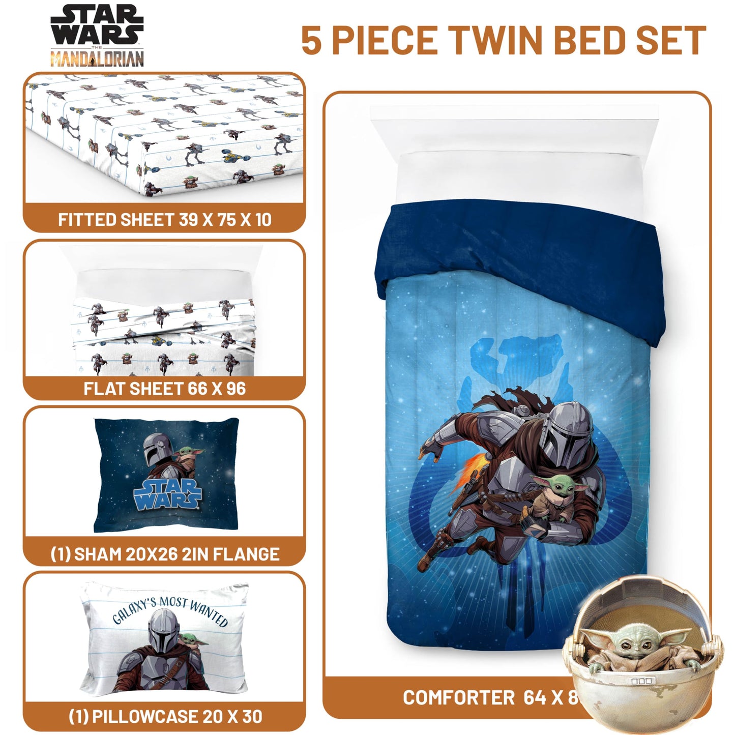 Jay Franco Kids Bed Set, Blue, The Mandalorian, 5 Piece Twin