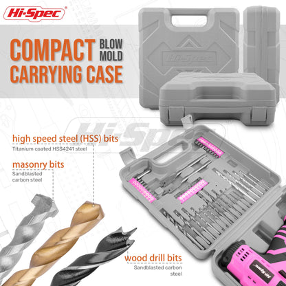 Hi-Spec 50pc 12V Pink Electric Cordless Power Drill Driver. in a Carry Case with Rechargeable Battery, Power Screwdriver Bits, Wood, Metal, and Masonry Drill Bit Set Accessories