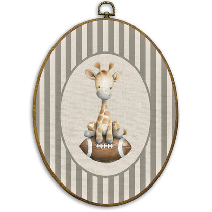CUANFDDSF Giraffe Football Nursery Oval Wall Art Decor, Sports Wall Hanging Decor, Neutral Striped Football Wild Animal Framed Canvas Prints for Kids Boy Nursery Room Bedroom Playroom, 8.6x11.4 Inch