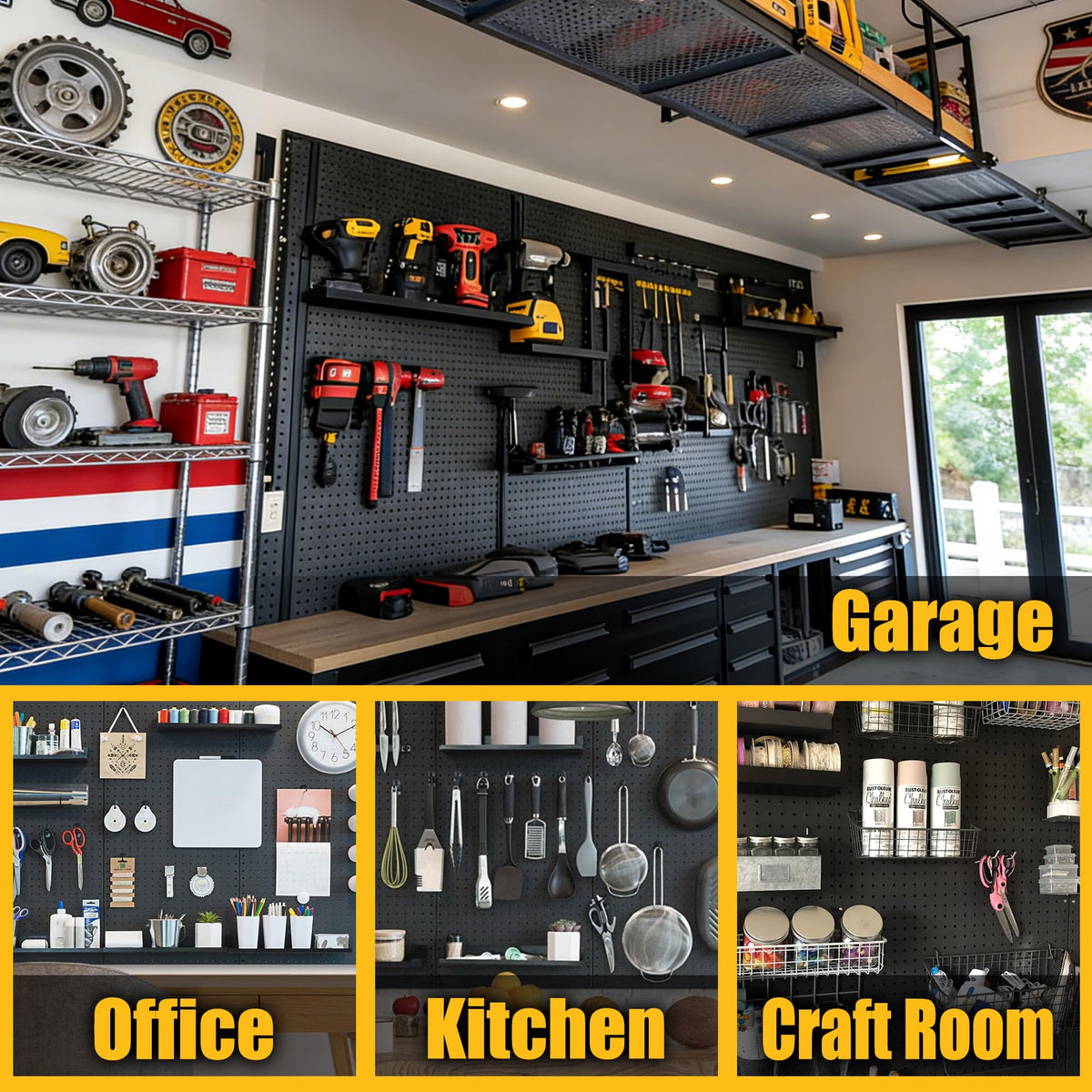 Spampur Peg Board, 4 Pack Metal Pegboard Panels with 50 Hooks, Black Pegboards Wall Organizer, Heavy Duty Peg Board for Walls Home, Garage Tool Storage, Office Organization, Craft Room, Kitchen