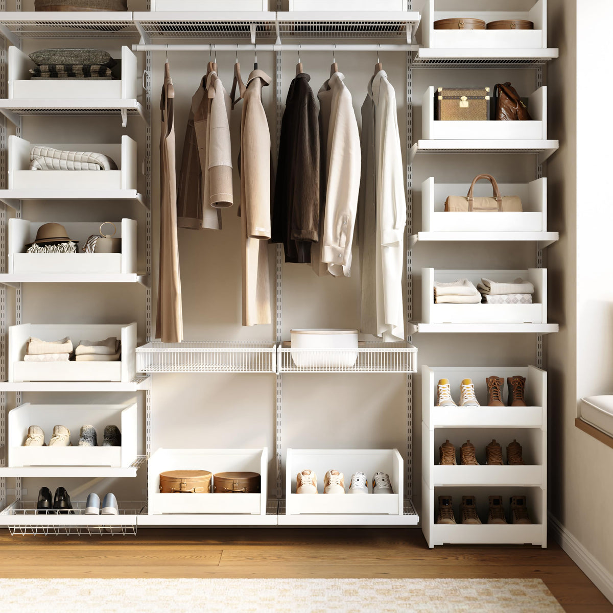 FOUCSSOMEI Closet Organizers and Storage, Stackable Closet Organizer, Wooden Frame with Polyester Fabric Shelves, Large Capacity Closet Shelf Organizer for Folded Clothes, White,Patent Design