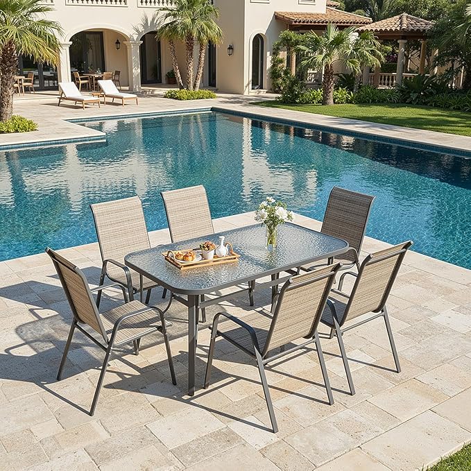 MAMIZO Patio Dining Chairs, Stackable All Weather Teslin Chair, Heavy Duty Outdoor Breathable Chairs Set, w/Armrests, Upgraded Chair FeetW/Strenthened Iron Spacers, 330 LBS (6, Brown)