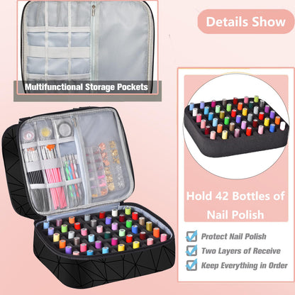 FCQQYWZ Nail Polish Organizer Case - Holds 42+ Bottles (15ml/0.5 fl.oz) and 1 Nail Lamp, Upgraded Double-layer Nail Polish Carrying Case Nail Storage Bag with Handles (Black)
