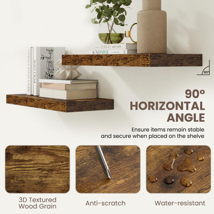 24 Inch Floating Shelves for Wall Decor,9.3" Deep Floating Shelf Wall Book Shelves,Large Display Storage Shelf,Wall Mounted Shelves with Invisible Bracket for Living Room,Bedroom,Bathroom,Rustic Brown