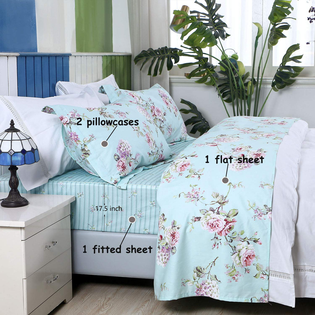 FADFAY Premium 100% Cotton Floral Sheet Set Queen – French Country Rose & Hydrangea Botanical Bedding, Ultra Soft Breathable Vintage Garden Bed Sheets, Deep Pocket Fitted Sheet, 4-Piece
