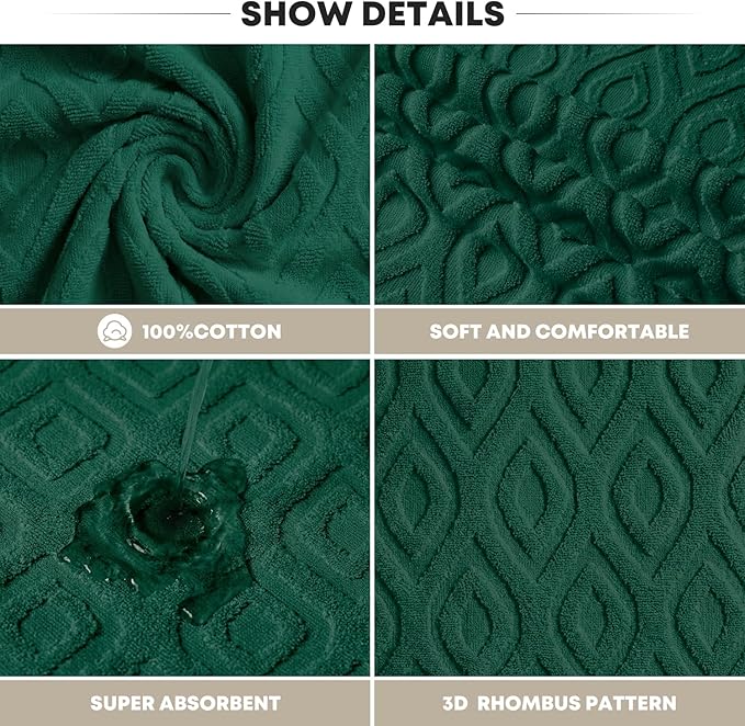 Artoid Mode 2 Pcs Dark Green 3D Diamond Grid Jacquard Hand Towels