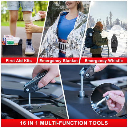 YJUSMAK Car Roadside Emergency Kit - Car Emergency Kit with Jumper Cables, Tow Rope, Folding Shovel, Safety Hammer, Reflective Warning Triangle, Car Safety Kits for Men, Women, Teenagers