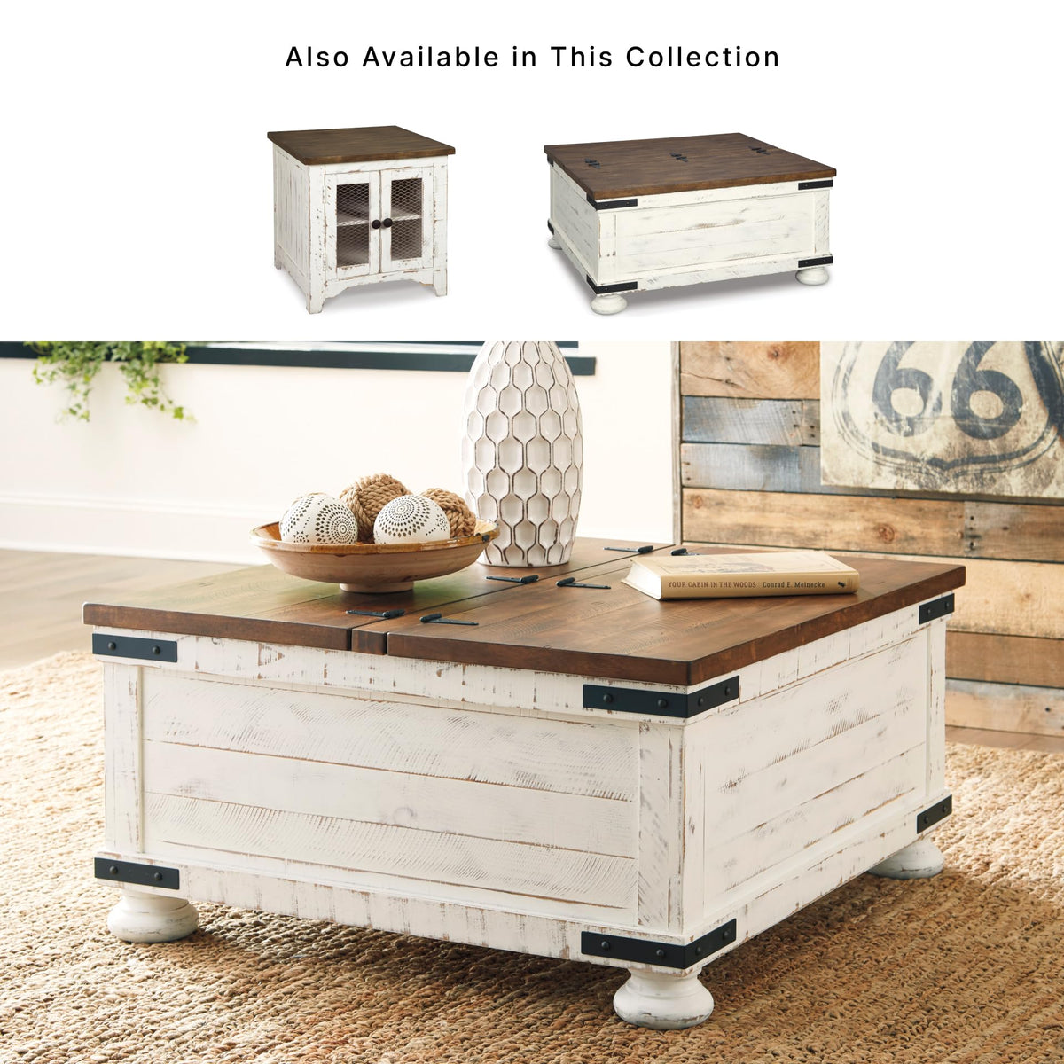 Signature Design by Ashley Wystfield Farmhouse Coffee Table with Storage, Hinged Lift Top, Wood, 36" W x 36" D x 18" H, Distressed White