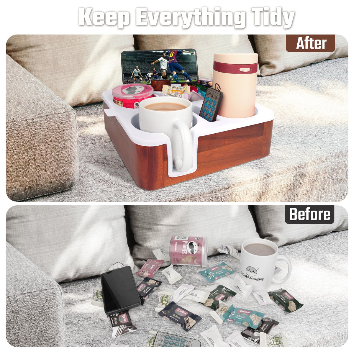 Couch Buddy Couch Cup Holder Tray, Real Acacia Wooden Caddy with Soft Silicone, Snack and Drink Organizer- Perfect Movie Night Accessories for Bed, Remote and Cup Holders for Sofa (White)