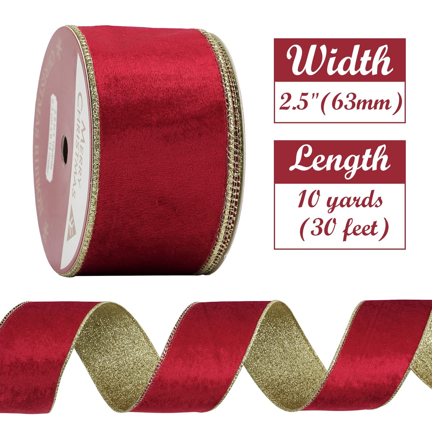 HUIHUANG Red Velvet Wired Ribbon Christmas Velvet Wired Edge Ribbon 2.5 inch Red and Gold Double Sided Ribbons for Christmas Tree Wreaths Gift Wrapping Bows Garlands Home Decor Crafts-10 Yards