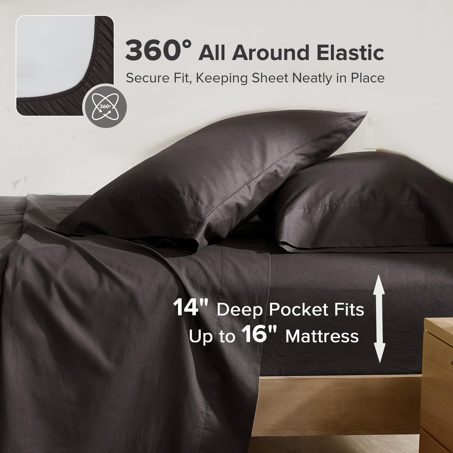 Comfort Spaces 100% Cotton Sheets Full, Breathable & Ultra Soft Cotton Sheets, Naturally Cool Cotton Bed Sheets with 14" Elastic Pocket Fits up to 16" Mattress, All Season Sheet Set, Black 4 Piece