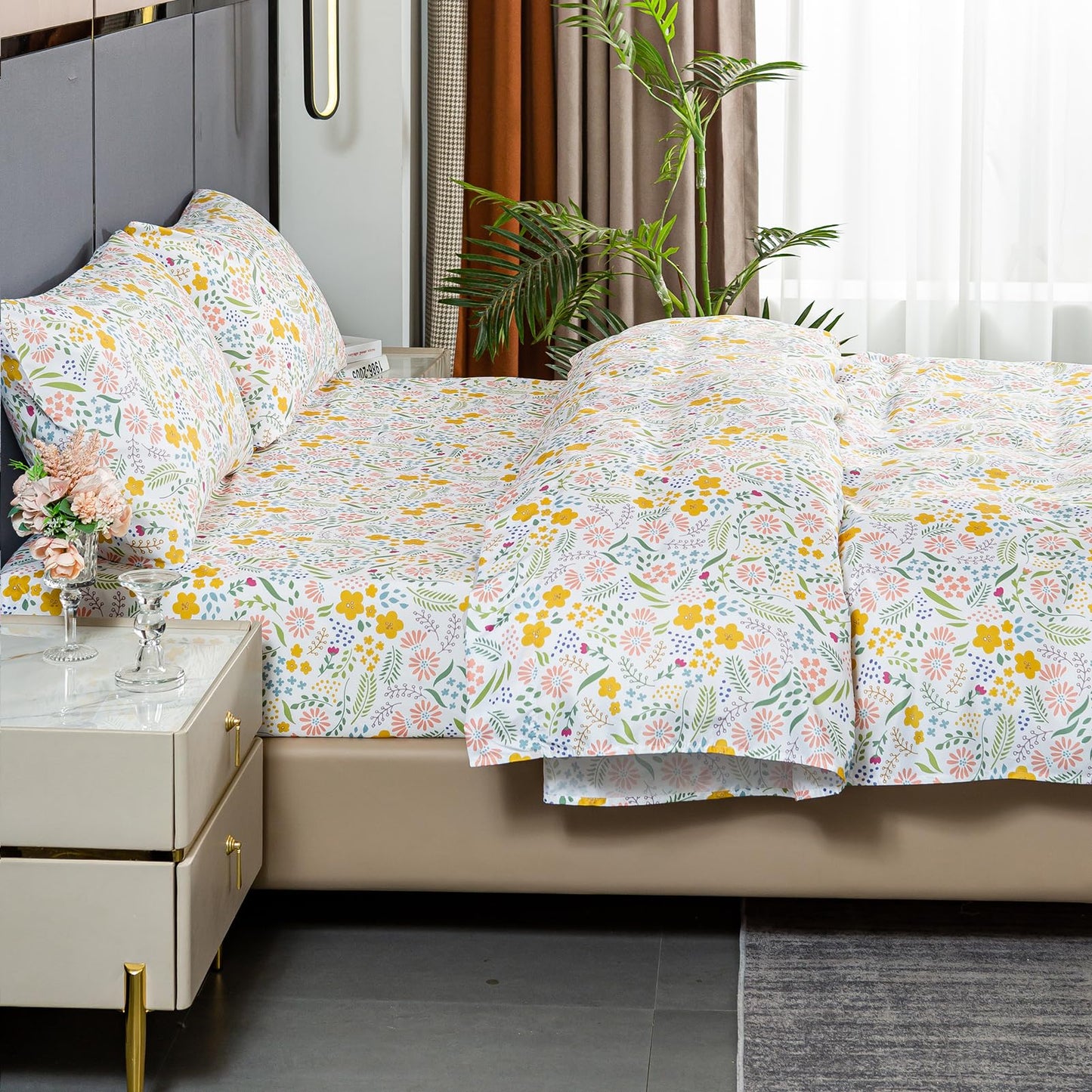 Bedlifes King Sheet Set Ultra Soft, Breathable, Silky Flower Deep Pocket 100% Microfiber Bedding, 4 Piece King Size Floral