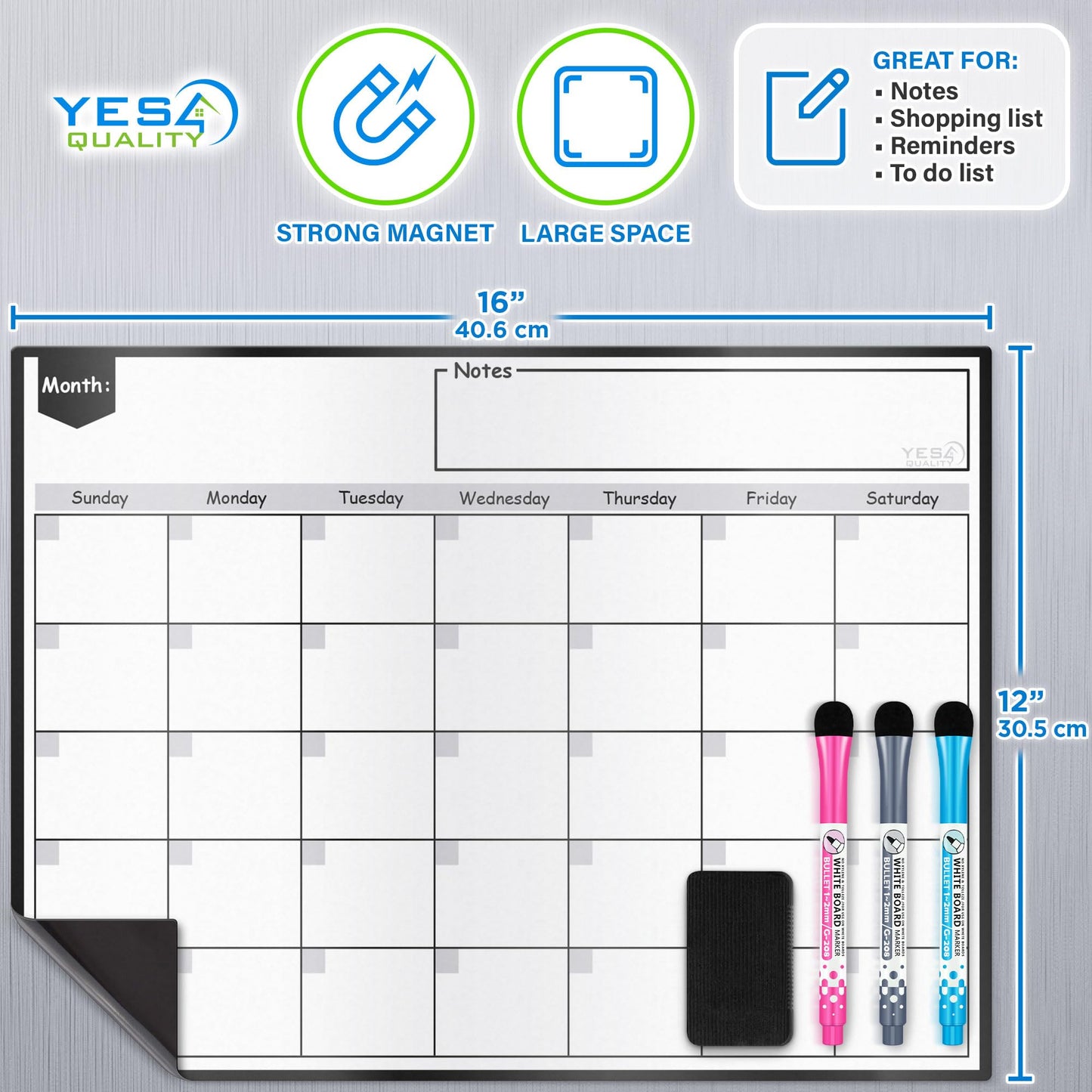 Magnetic Dry Erase Whiteboard Calendar for Fridge - A3 / 40 x 30 cm - Refrigerator White Board Sheet with 3 Colourful Markers & Eraser - Monthly Meal Planner & Organiser for Family - by Yes4Quality