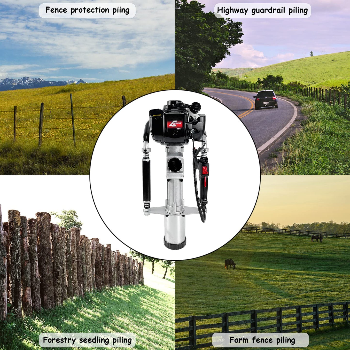 4 Stroke Gas Powered T Post Driver Hammer Drills, 37.7CC Air Cooling Single Cylinder Gasoline Petrol Fencing Tool with 3 Post Driving Head with 45mm,55mm,88mm plle sleeve