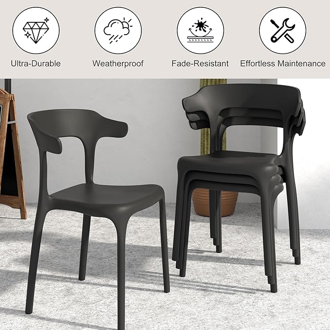 VECELO 4 Pack Plastic Stacking Chairs, Stackable Dining Chairs for Kitchen Restaurant Patio, Portable Indoor Outdoor Use, No Assembly Required, Black