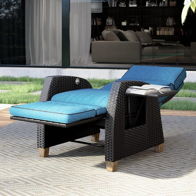 Grand patio Outdoor Recliner Chair Patio 150° Lay Flat Recliner with Flip Table Wicker Reclining Lounge Chair Peacock Blue
