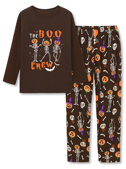 Tebbis 2 - Piece Cozy Pajamas For Little/Big Boys Skeleton & Pumpkin Pattern Long Sleeves PJs Set Kid Size 8
