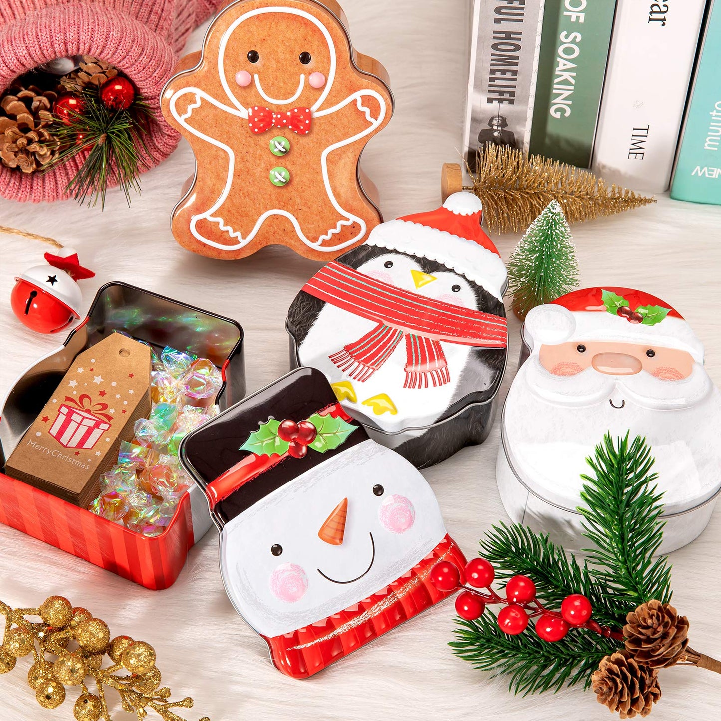 Whaline Christmas Cookie Tins with Lid Xmas Metal Cookie Tin Box Santa Clause Snowman Gingerbread Penguin Xmas Card Tin Box Cute Assorted Card Holder Containers for Christmas Party Decor, 4 Pcs