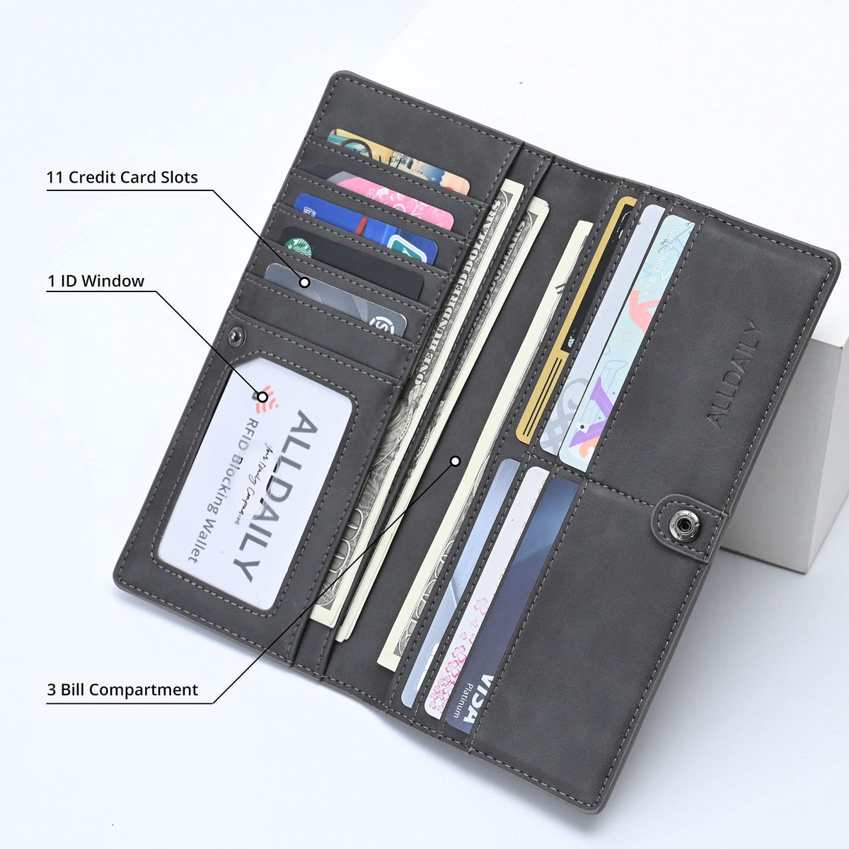 Alldaily Ultra Slim Thin Women Wallet RFID Blocking Credit Card Holder Bifold Long Ladies Billfold (Grey)