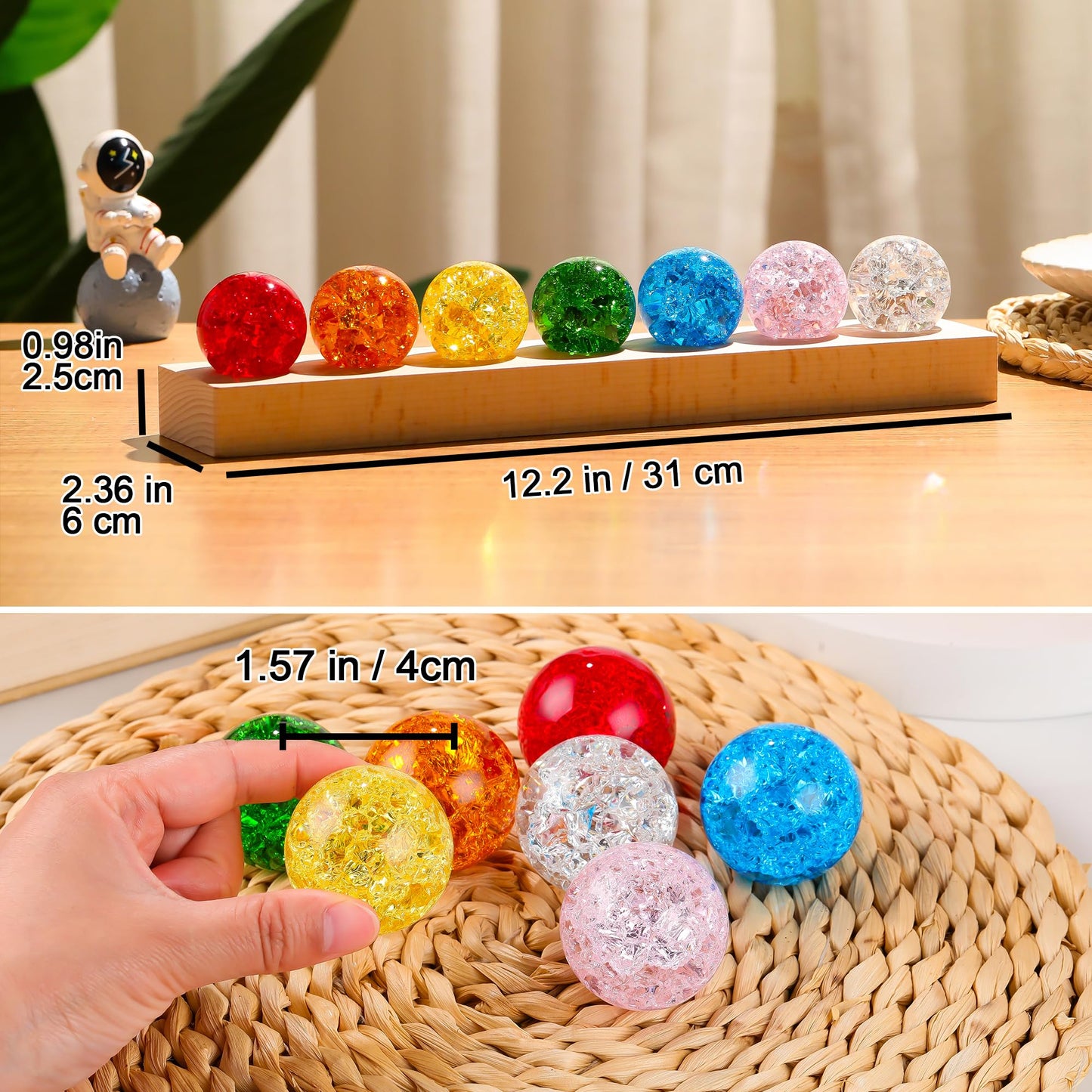 Ornalrist 7 Chakra Crystal Ball Ice Cracks Spheres with Wooden LED Light Base - 40mm Crystal Balls Set for Meditation Positive Energy Night Light Home Decoration