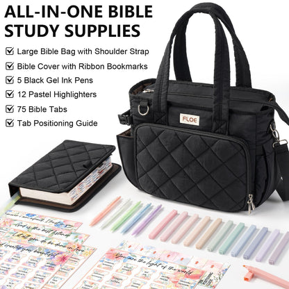 Large Bible Bag w/Bible Cover Case for Women, Puffer Bible Tote Bag Quilted Church Bag Book Carrying Case w/Shoulder Strap, Bible Study Supplies Journaling Kit Accessories Women Christian Easter Gift