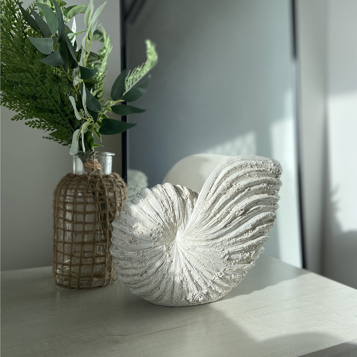 Huey House Large Nautilus Shell Sculpture, White Seashell Beach Decor