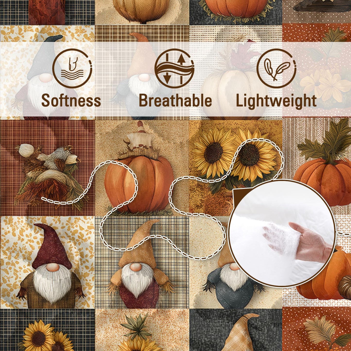 BlessLiving Fall Quilt Set King Size: Soft Microfiber Lightweight Elf Square Pattern Bedspread Coverlet for All Season, 3 Piece Autumn Comforter Set for Thanksgiving Bedroom Living Room
