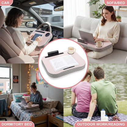 Lewtemi Pink Laptop Lap Desk with Cup Holder and Stopper Padded Phone Holder Couch Bed Sofa Fits up to 15.6 Inch Cushion Portable Lap Desk for Home Office Study Writing
