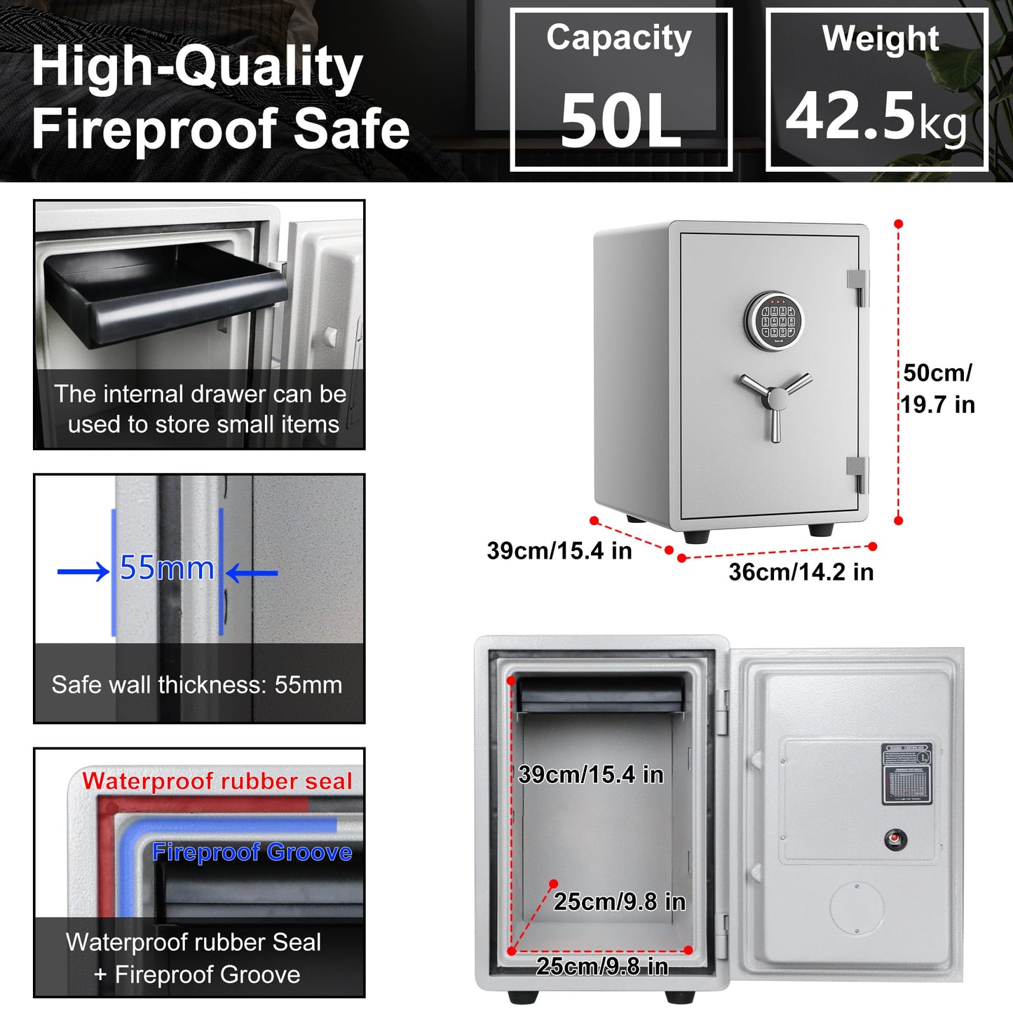 Waterproof and Fireproof Safe Box for Home with Digital - 0.9 Cubic Feet 94 lbs Heavy 1 Hours Fire Proof Safes - Home Safes Box for Firearm Medicine Money Valuables Document (Gray, 94 LBS)