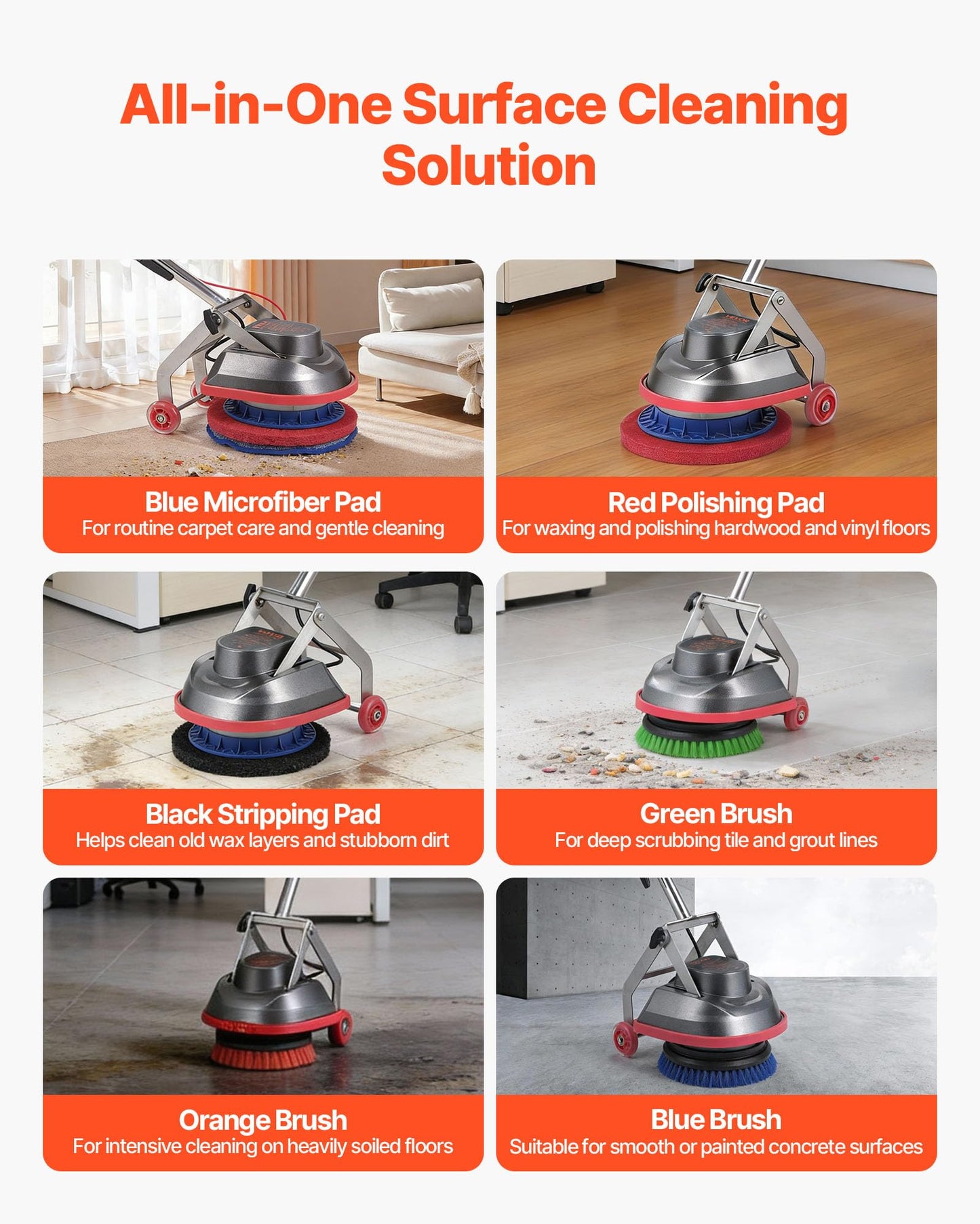 VEVOR Commercial Floor Scrubber Machine, Heavy Duty Floor Cleaner Polisher with 2 Wheels, Professional Electric Carpet Buffer, Max 1900 RPM, 43 FT Cord, 3 Pads & 3 Brushes - All Floor Surfaces
