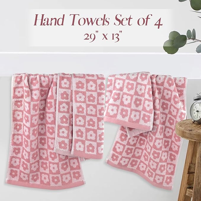 Jacquotha Cotton Hand Towels Pink Checkered Floral