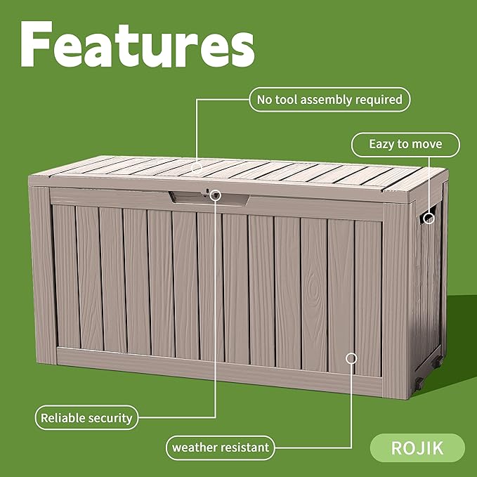 ROJIK Outdoor Storage Housing Deck Box - Waterproof Patio Furniture, Garden Tools, Cushions, Pool Accessories Storage Bench with Lockable Lid and Side Handles (Grey 90 Gal)