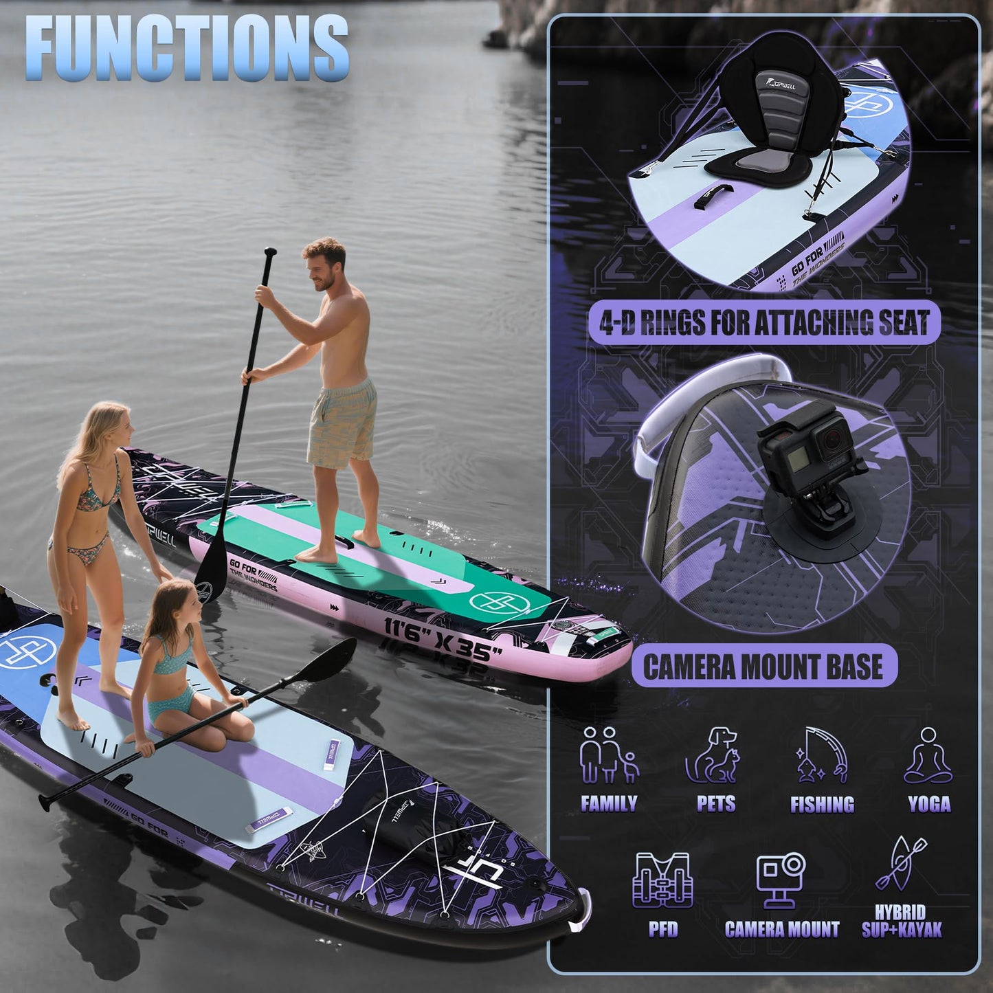 UPWELL 11'6"×35" Extra Wide Inflatable Paddle Board, Stand Up Paddle Board with Kayak Seat, Sup Paddle Boards for Adults, Mech Purple