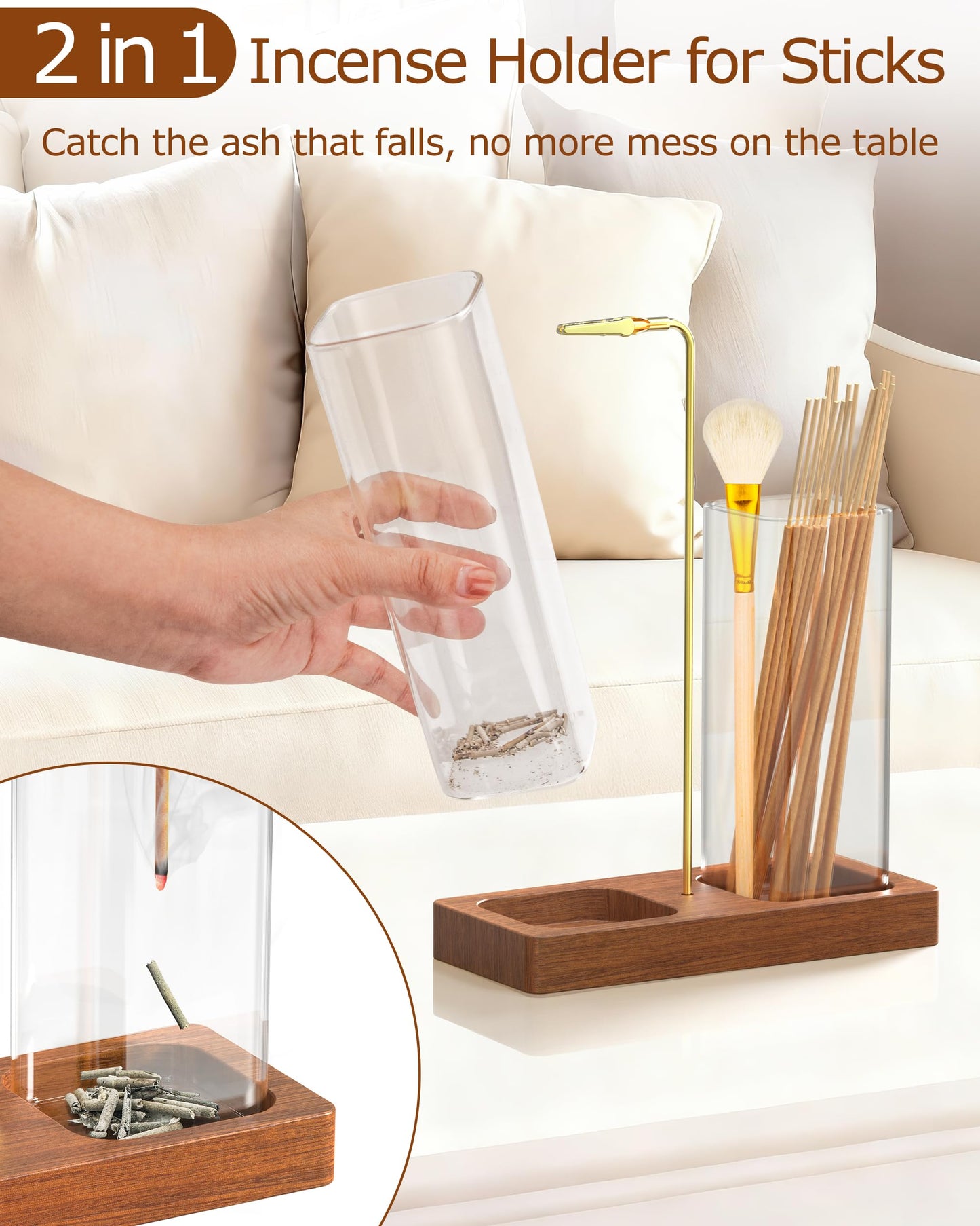 2 in 1 Incense Holder with 7.8" & 5.9" Glass Jars, Large Incense Holder for Sticks, Upside Down Incense Burner with Ash Catcher & Storage for Meditation Yoga Spa Home Decor - 20 Incense Sticks & Brush