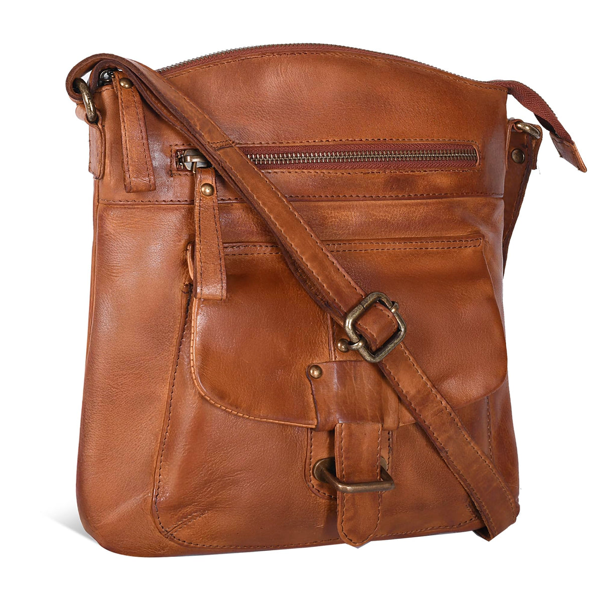 Oak Leathers Leather Crossbody Bag For Women With Adjustable Sling Strap - Medium Size Crossover Shoulder Handbag Purse (Tan Wash)