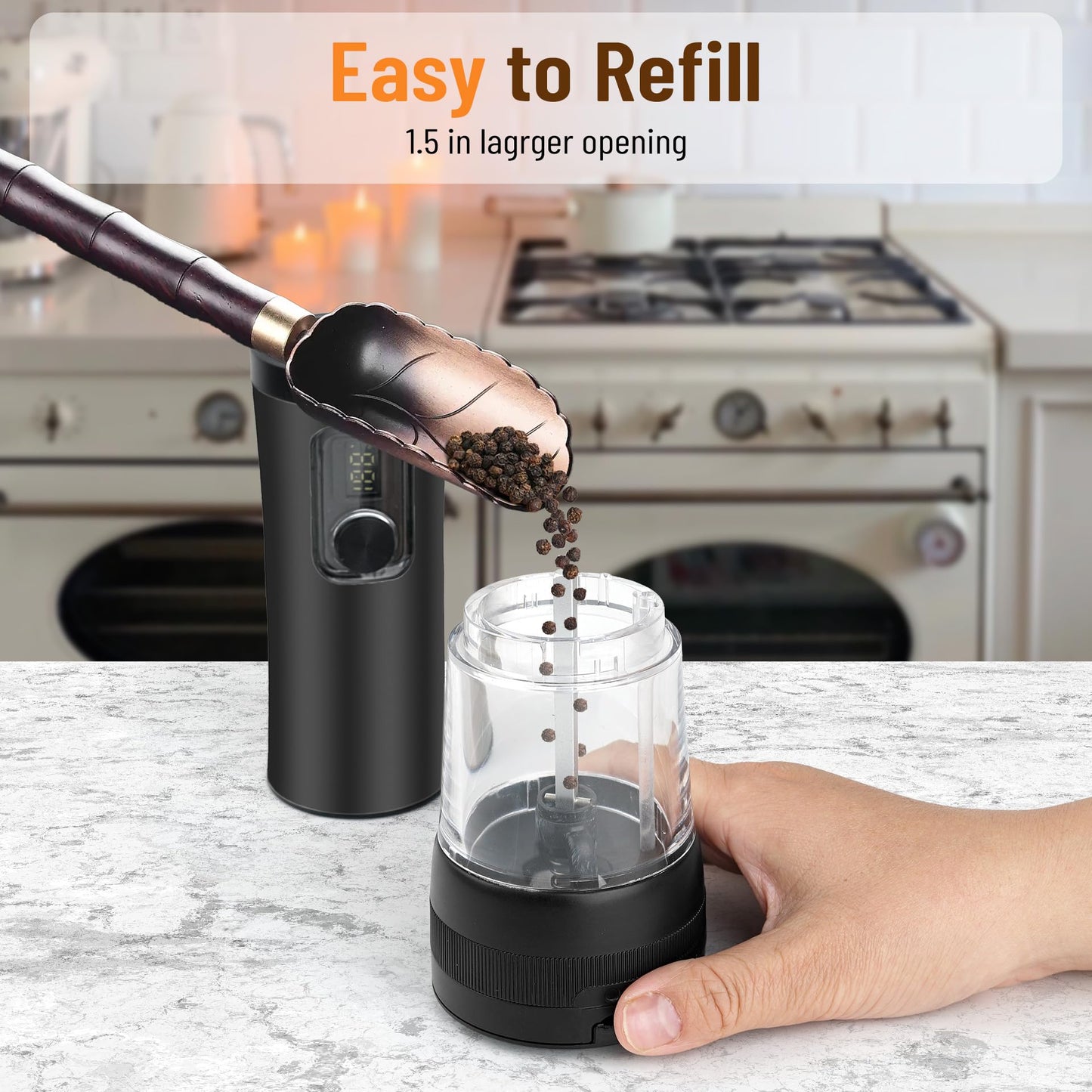 Veiliss Electric Salt and Pepper Grinder Set, Battery Display Rechargeable Base, External 5 Adjustable Coarseness, Stainless Steel Frosted Finish Automatic Mill with LED Light