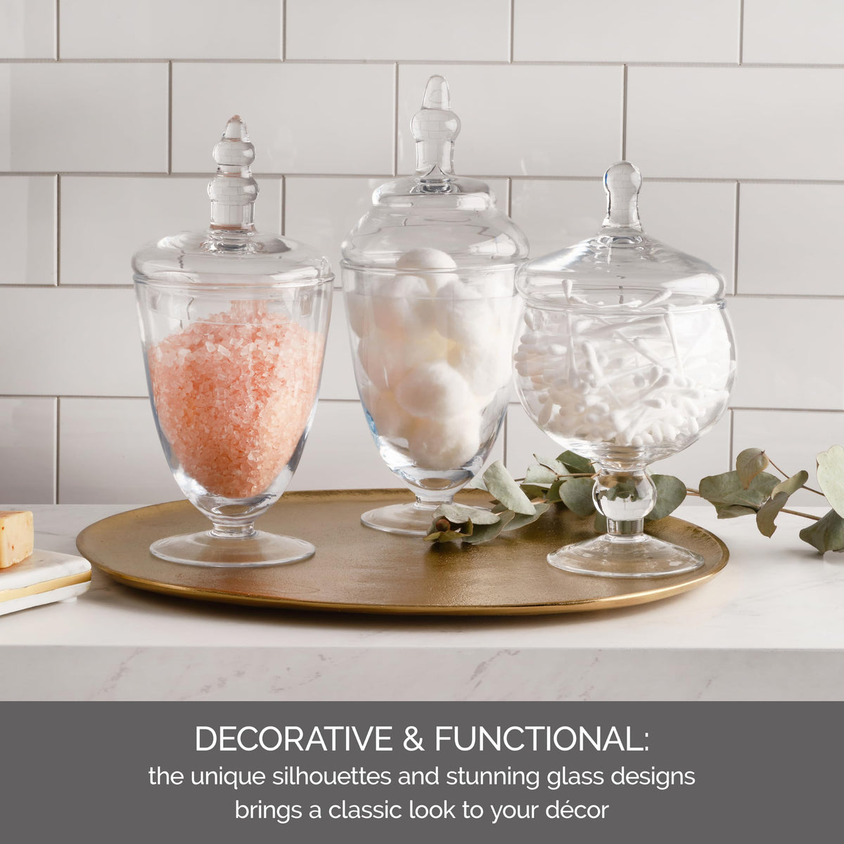 Elements Clear Glass Apothecary Jars with Lids, Set of 3 - Decorative Storage Jars for Home, Kitchen, Bathroom - 10, 9.5, 8.5 Inch Handcrafted Display Jar Set