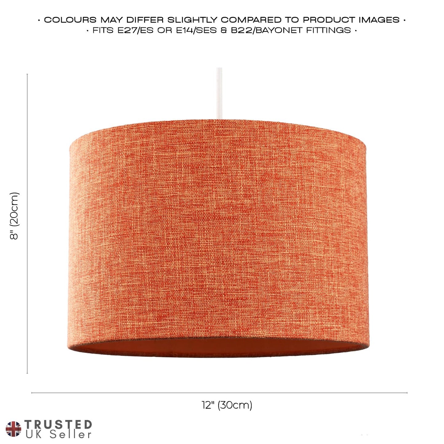 Contemporary and Sleek 12 Inch Rustic Orange Linen Fabric Drum Lamp Shade 60w Maximum | 30cm Diameter | for Table Lamp or Pendant by Happy Homewares