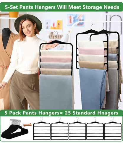 Pants Hangers Space Saving,5P Scarf Hangers for Closet Organizers and Storage,Non Slip Velvet Hanger for Closet Organizer,College Dorm Room Essentials,Heavy Duty Organization and Storage Jean Hangers